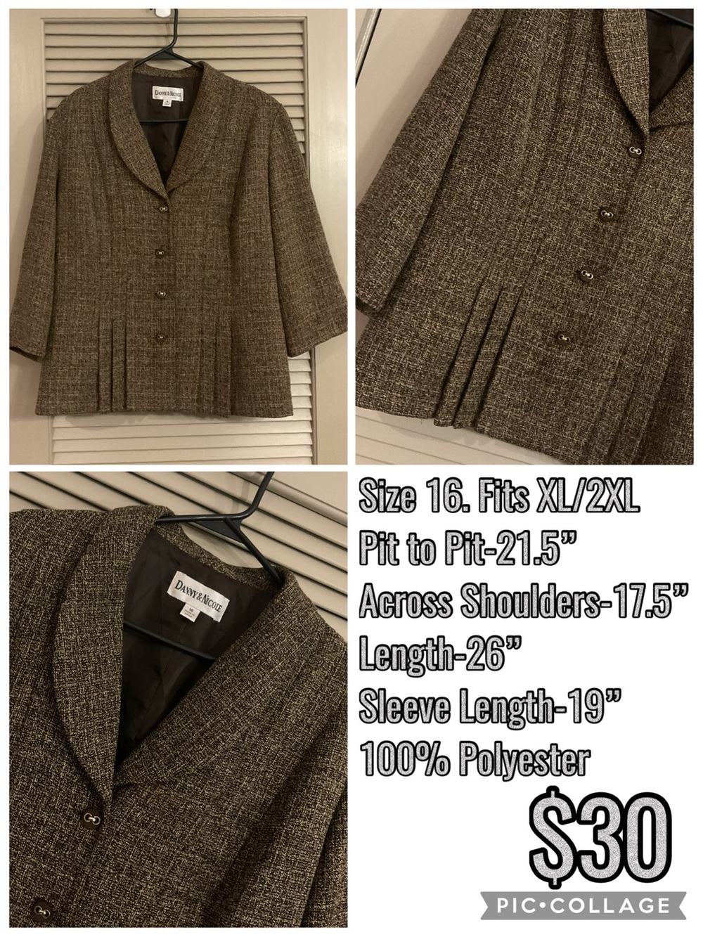 Danny & Nicole Brown Tweed Pleated Hem Blazer